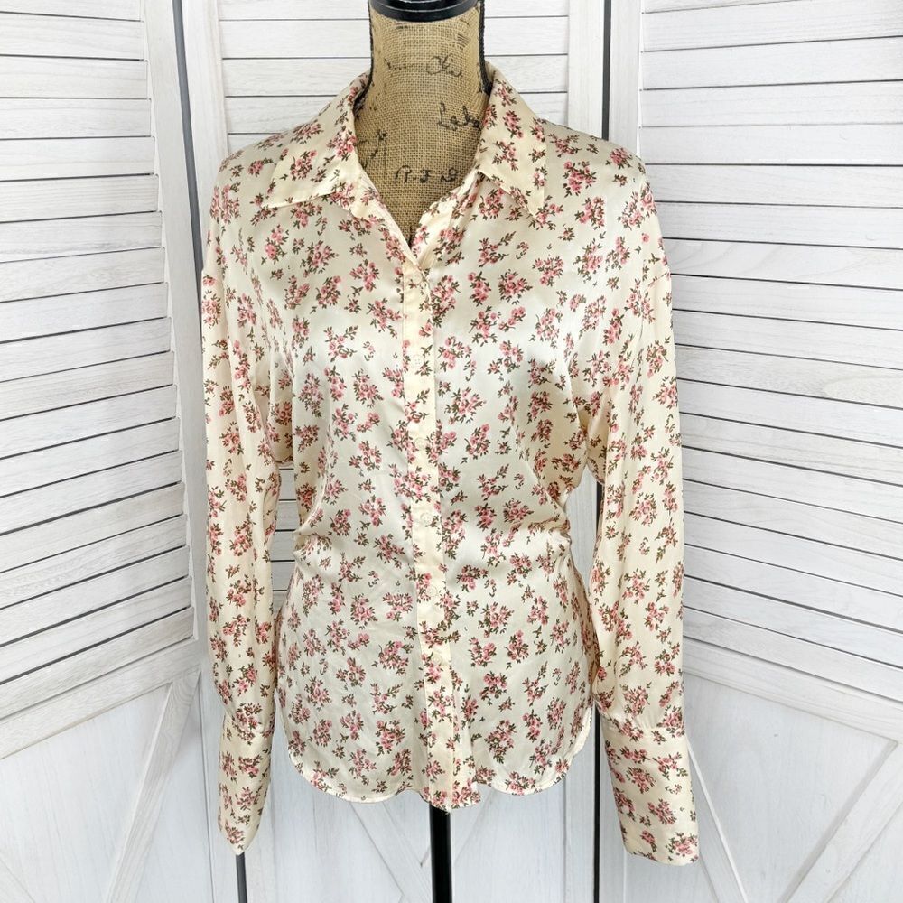Zara Cottagecore Satin‎ Floral Print Ruched Sides Button Up Blouse Cream Pink S